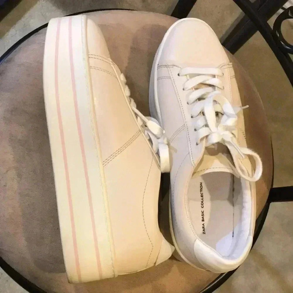 Zara Basic Collection Off white Lace up Sneakers Chunky Heel Pink Stripes-40 - Picture 3 of 10